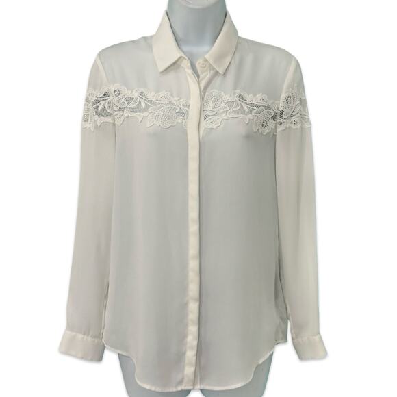 The Kooples White Floral Lace Crepe Long Sleeve Sheer Button Down Blouse Sz XS - Picture 2 of 13